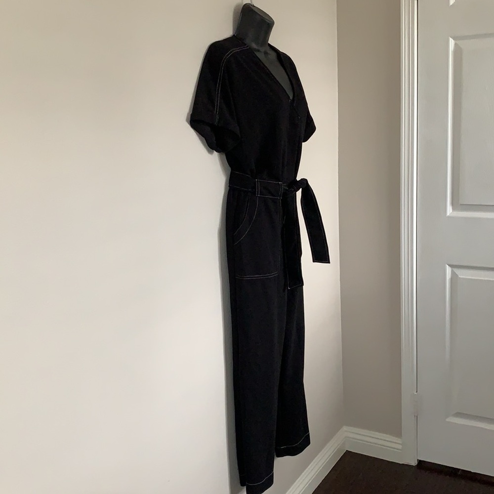 Lush Black Contrast Stitch Button Front Short Sleeve Tie Waist Jumpsuit - Picture 6 of 12